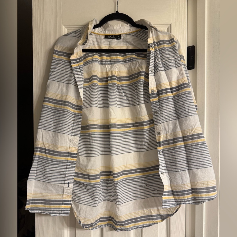 a.n.a Striped Casual Button Down Shirt - Gray, Yellow, White M